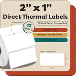 2" x 1" Direct Thermal Labels - 1,300 Labels/Roll - 12 Rolls/Case