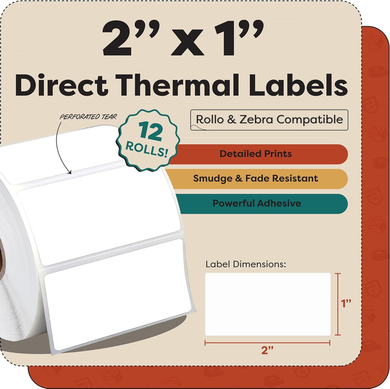 2" x 1" Direct Thermal Labels - 1,300 Labels/Roll - 12 Rolls/Case